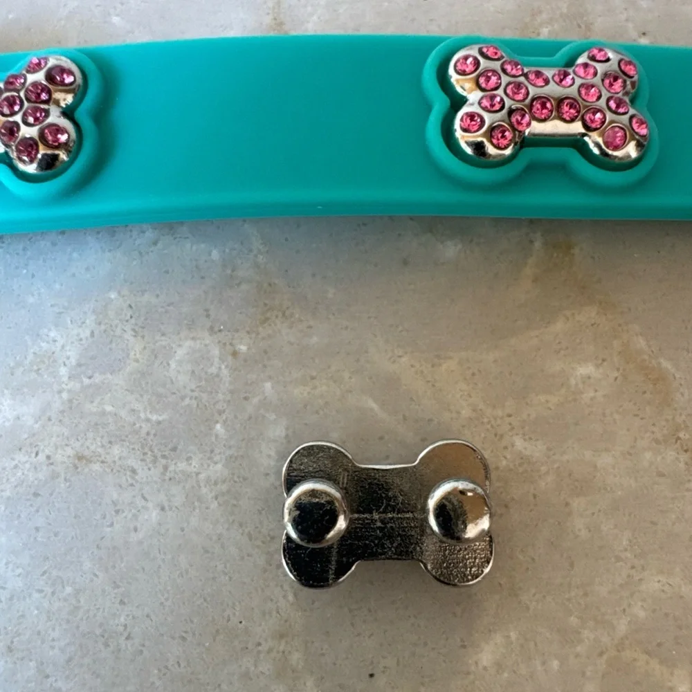 NEW Bonefly Puppy Dog Gift Collar Aqua Gold +4 X Swarovski Pink Charms Sz XS - Picture 9 of 13